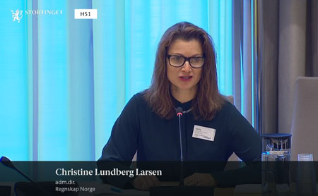 Administrerende direktør i Regnskap Norge, Christine Lundberg Larsen, i høring Stortingets Energi- og miljøkomite